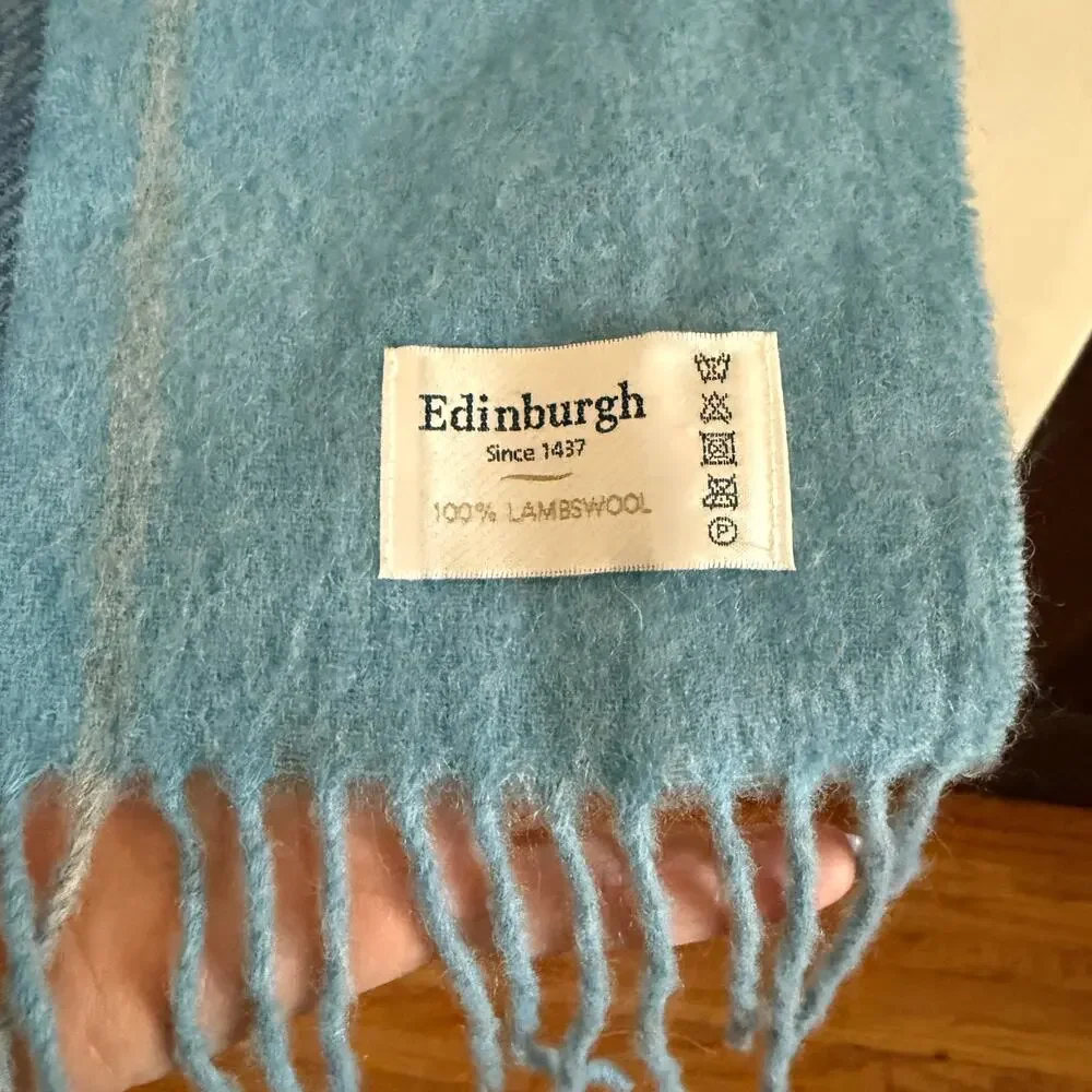 Vintage Edinburgh Baby Blue Plaid Lambswool Classic Scarf with Fringe